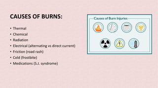 CAUSES OF BURNS:
• Thermal
• Chemical
• Radiation
• Electrical (alternating vs direct current)
• Friction (road rash)
• Cold (frostbite)
• Medications (S.J. syndrome)
 