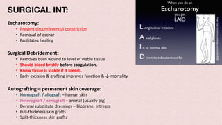 SURGICAL INT:
Escharotomy:
• Prevent circumferential constriction
• Removal of eschar
• Facilitates healing
Surgical Debridement:
• Removes burn wound to level of viable tissue
• Should bleed briskly before coagulation.
• Know tissue is viable if it bleeds.
• Early excision & grafting improves function & ↓ mortality
Autografting – permanent skin coverage:
• Homograft / allograft – human skin
• Heterograft / xenograft – animal (usually pig)
• Dermal substitute dressings – Biobrane, Intregra
• Full-thickness skin grafts
• Split-thickness skin grafts
 