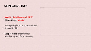 The picture can't be displayed.
• Need to debride wound FIRST.
• Viable tissue: bleeds
• Mesh graft placed onto wound bed
• Stapled to skin
• Keep it moist à covered w.
metahoney, xeroform dressing
SKIN GRAFTING:
 