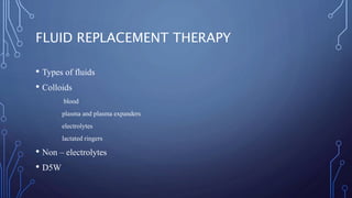 FLUID REPLACEMENT THERAPY
• Types of fluids
• Colloids
blood
plasma and plasma expanders
electrolytes
lactated ringers
• Non – electrolytes
• D5W
 