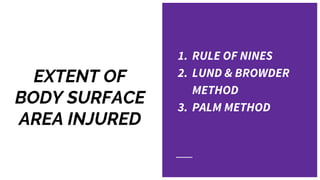 EXTENT OF
BODY SURFACE
AREA INJURED
1. RULE OF NINES
2. LUND & BROWDER
METHOD
3. PALM METHOD
 