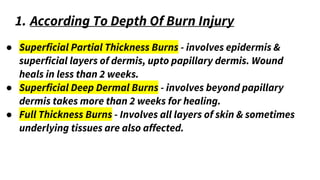 1. According To Depth Of Burn Injury
● Superficial Partial Thickness Burns - involves epidermis &
superficial layers of dermis, upto papillary dermis. Wound
heals in less than 2 weeks.
● Superficial Deep Dermal Burns - involves beyond papillary
dermis takes more than 2 weeks for healing.
● Full Thickness Burns - Involves all layers of skin & sometimes
underlying tissues are also affected.
 