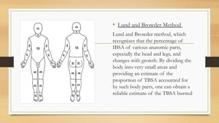 .
• Lund and Browder Method
Lund and Browder method, which
recognizes that the percentage of
IBSA of various anatomic parts,
especially the head and legs, and
changes with growth. By dividing the
body into very small areas and
providing an estimate of the
proportion of TBSA accounted for
by such body parts, one can obtain a
reliable estimate of the TBSA burned
 