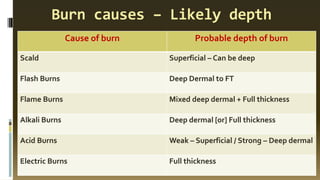 Burn causes – Likely depth
Cause of burn Probable depth of burn
Scald Superficial – Can be deep
Flash Burns Deep Dermal to FT
Flame Burns Mixed deep dermal + Full thickness
Alkali Burns Deep dermal [or] Full thickness
Acid Burns Weak – Superficial / Strong – Deep dermal
Electric Burns Full thickness
 