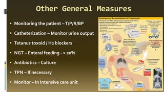 Other General Measures
▪ Monitoring the patient –T/P/R/BP
▪ Catheterization – Monitor urine output
▪ Tetanus toxoid / H2 blockers
▪ NGT – Enteral feeding - > 20%
▪ Antibiotics – Culture
▪ TPN – If necessary
▪ Monitor – In Intensive care unit
 