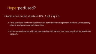 Hyperperfused?
• Avoid urine output at rates > 0.5 - 1 mL / kg / h.
• Fluid overload in the critical hours of early burn management leads to unnecessary
edema and pulmonary dysfunction.
• It can necessitate morbid escharotomies and extend the time required for ventilator
support.
 