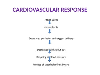 CARDIOVASCULAR RESPONSE
Major Burns
Hypovolemia
Decreased perfusion and oxygen delivery
Decreased cardiac out put
Dropping of blood pressure
Release of catecholamines by SNS
 
