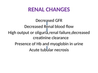 RENAL CHANGES
Decreased GFR
Decreased Renal blood flow
High output or oliguria,renal failure,decreased
creatinine clearance
Presence of Hb and myoglobin in urine
Acute tubular necrosis
 