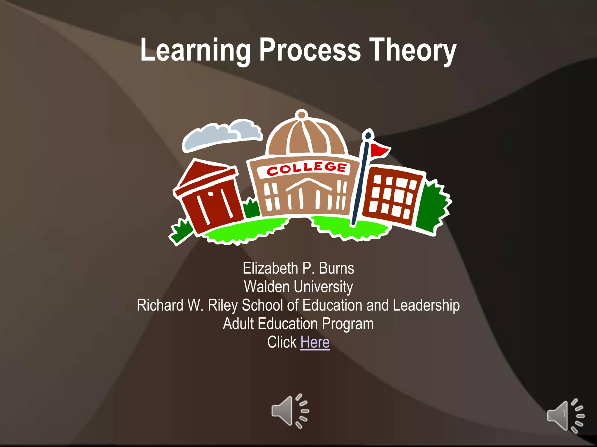 Learning Process Theory




                 Elizabeth P. Burns
                 Walden University
Richard W. Riley School of Education and Leadership
              Adult Education Program
                     Click Here



                                                      1
 