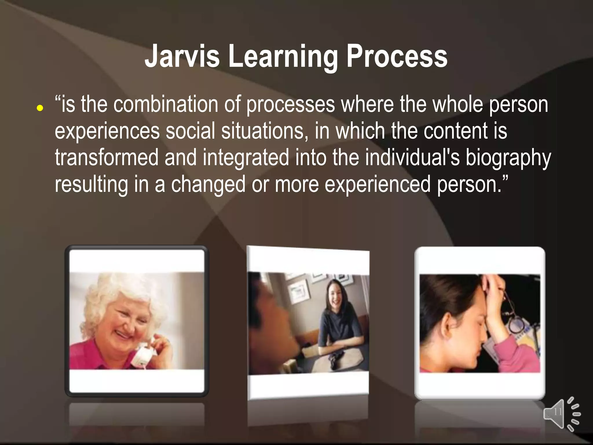 Jarvis Learning Process
   “is the combination of processes where the whole person
    experiences social situations, in which the content is
    transformed and integrated into the individual's biography
    resulting in a changed or more experienced person.”




                                                                 11
 