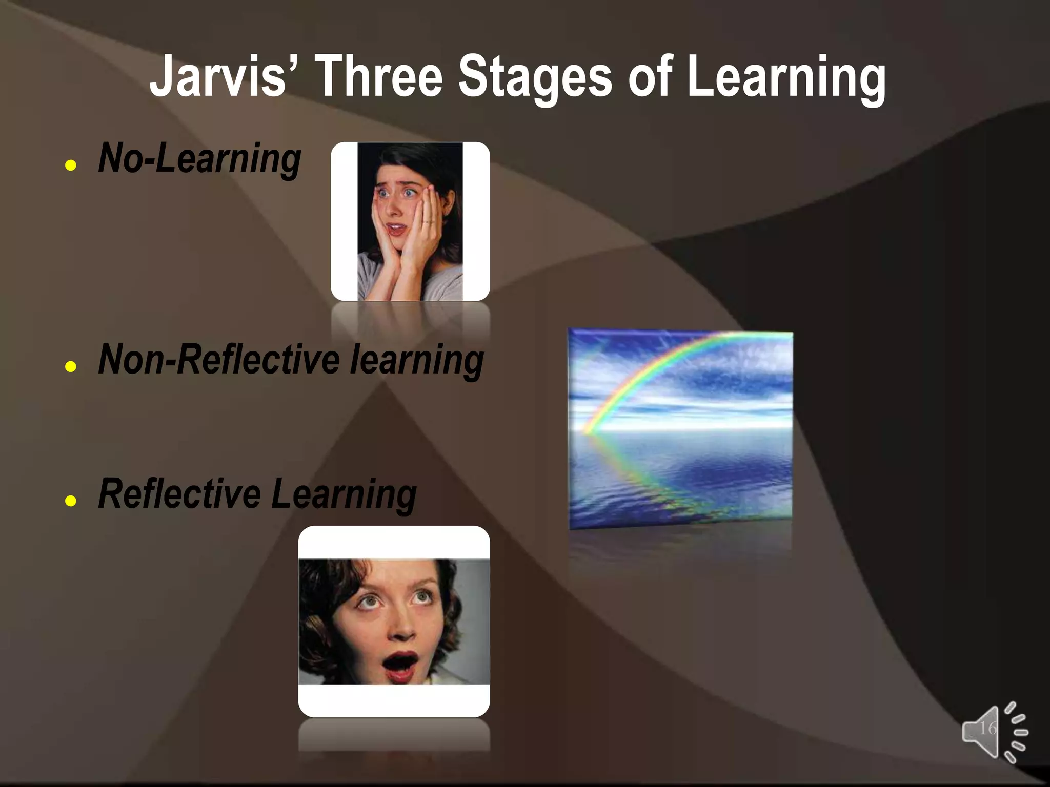 Jarvis’ Three Stages of Learning
   No-Learning



   Non-Reflective learning


   Reflective Learning




                                          16
 