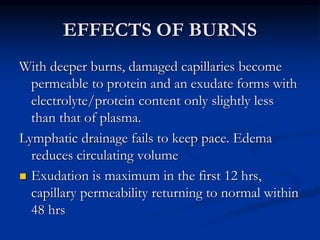 EFFECTS OF BURNS
With deeper burns, damaged capillaries become
permeable to protein and an exudate forms with
electrolyte/protein content only slightly less
than that of plasma.
Lymphatic drainage fails to keep pace. Edema
reduces circulating volume
 Exudation is maximum in the first 12 hrs,
capillary permeability returning to normal within
48 hrs
 