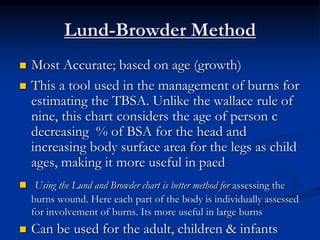 Lund-Browder Method
 Most Accurate; based on age (growth)
 This a tool used in the management of burns for
estimating the TBSA. Unlike the wallace rule of
nine, this chart considers the age of person c
decreasing % of BSA for the head and
increasing body surface area for the legs as child
ages, making it more useful in paed
 Using the Lund and Browder chart is better method for assessing the
burns wound. Here each part of the body is individually assessed
for involvement of burns. Its more useful in large burns
 Can be used for the adult, children & infants
 
