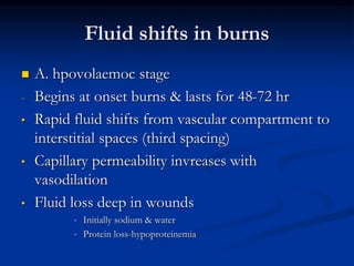 Fluid shifts in burns
 A. hpovolaemoc stage
- Begins at onset burns & lasts for 48-72 hr
• Rapid fluid shifts from vascular compartment to
interstitial spaces (third spacing)
• Capillary permeability invreases with
vasodilation
• Fluid loss deep in wounds
• Initially sodium & water
• Protein loss-hypoproteinemia
 