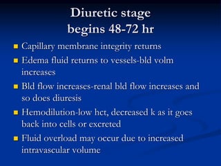 Diuretic stage
begins 48-72 hr
 Capillary membrane integrity returns
 Edema fluid returns to vessels-bld volm
increases
 Bld flow increases-renal bld flow increases and
so does diuresis
 Hemodilution-low hct, decreased k as it goes
back into cells or excreted
 Fluid overload may occur due to increased
intravascular volume
 