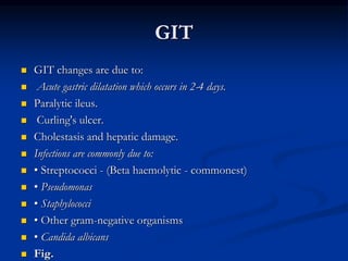 GIT
 GIT changes are due to:
 Acute gastric dilatation which occurs in 2-4 days.
 Paralytic ileus.
 Curling's ulcer.
 Cholestasis and hepatic damage.
 Infections are commonly due to:
 • Streptococci - (Beta haemolytic - commonest)
 • Pseudomonas
 • Staphylococci
 • Other gram-negative organisms
 • Candida albicans
 Fig.
 