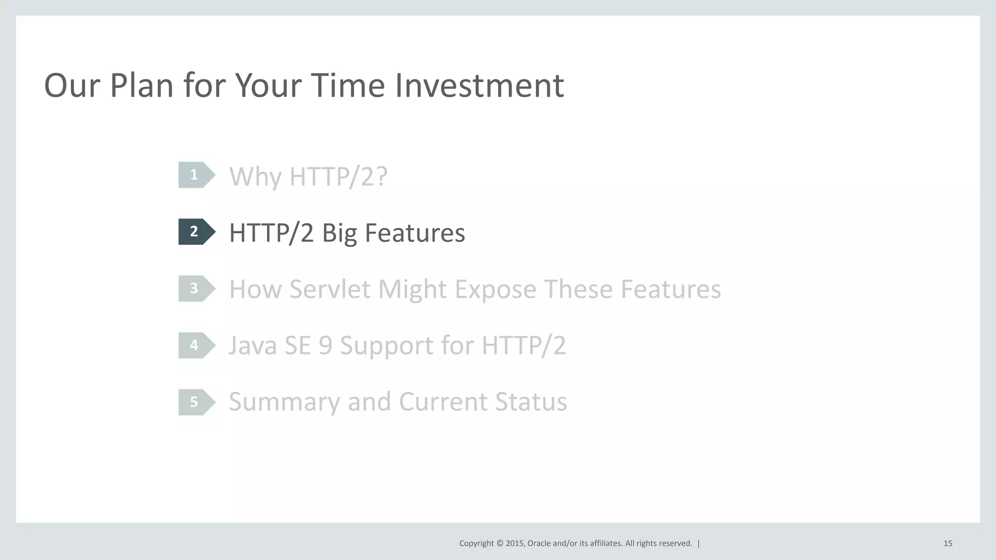 Copyright © 2015, Oracle and/or its affiliates. All rights reserved. |
Our Plan for Your Time Investment
Why HTTP/2?
HTTP/2 Big Features
How Servlet Might Expose These Features
Java SE 9 Support for HTTP/2
Summary and Current Status
1
2
3
4
5
15
 