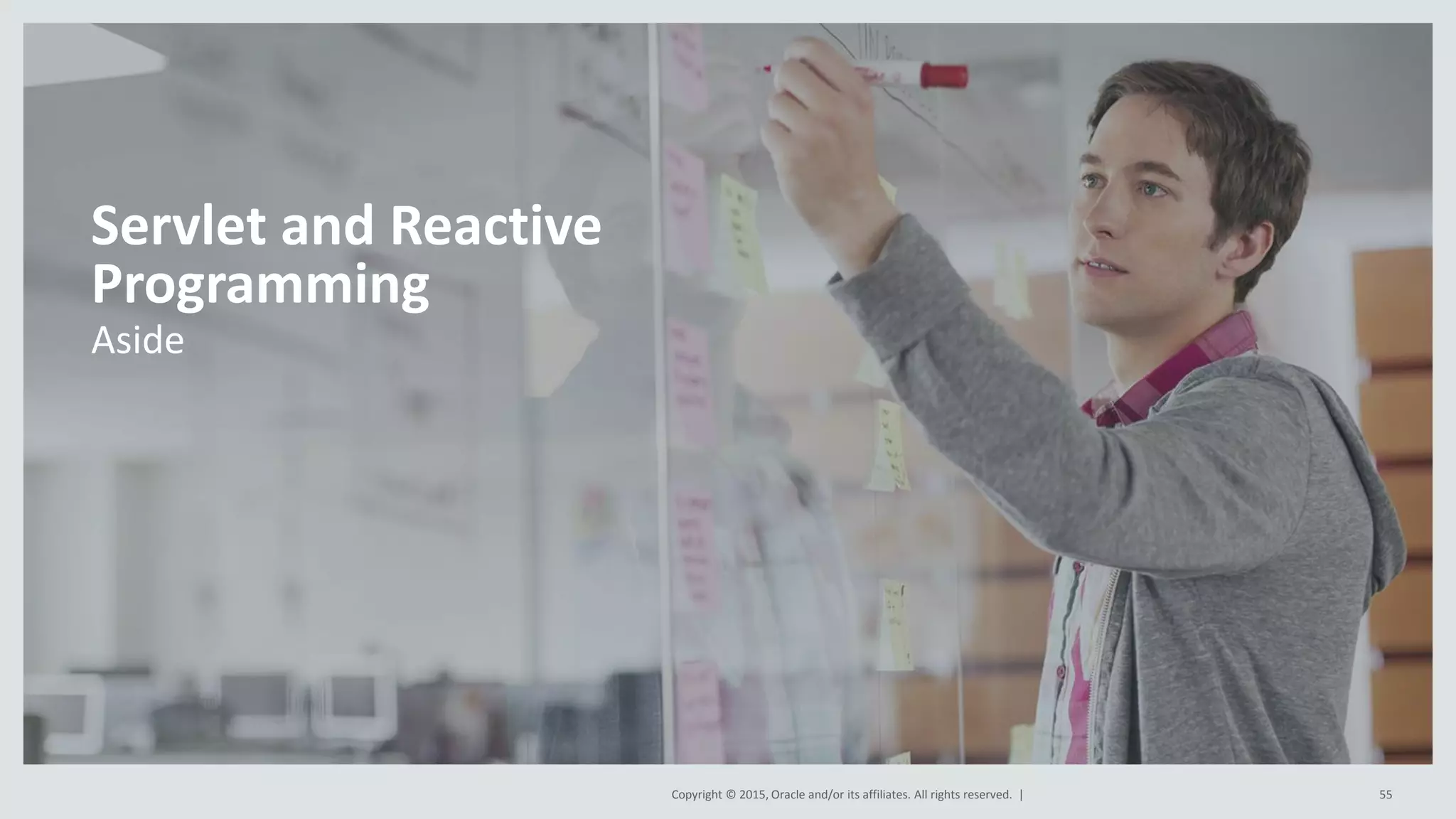 Copyright © 2015, Oracle and/or its affiliates. All rights reserved. |
Aside
Servlet and Reactive
Programming
55
 