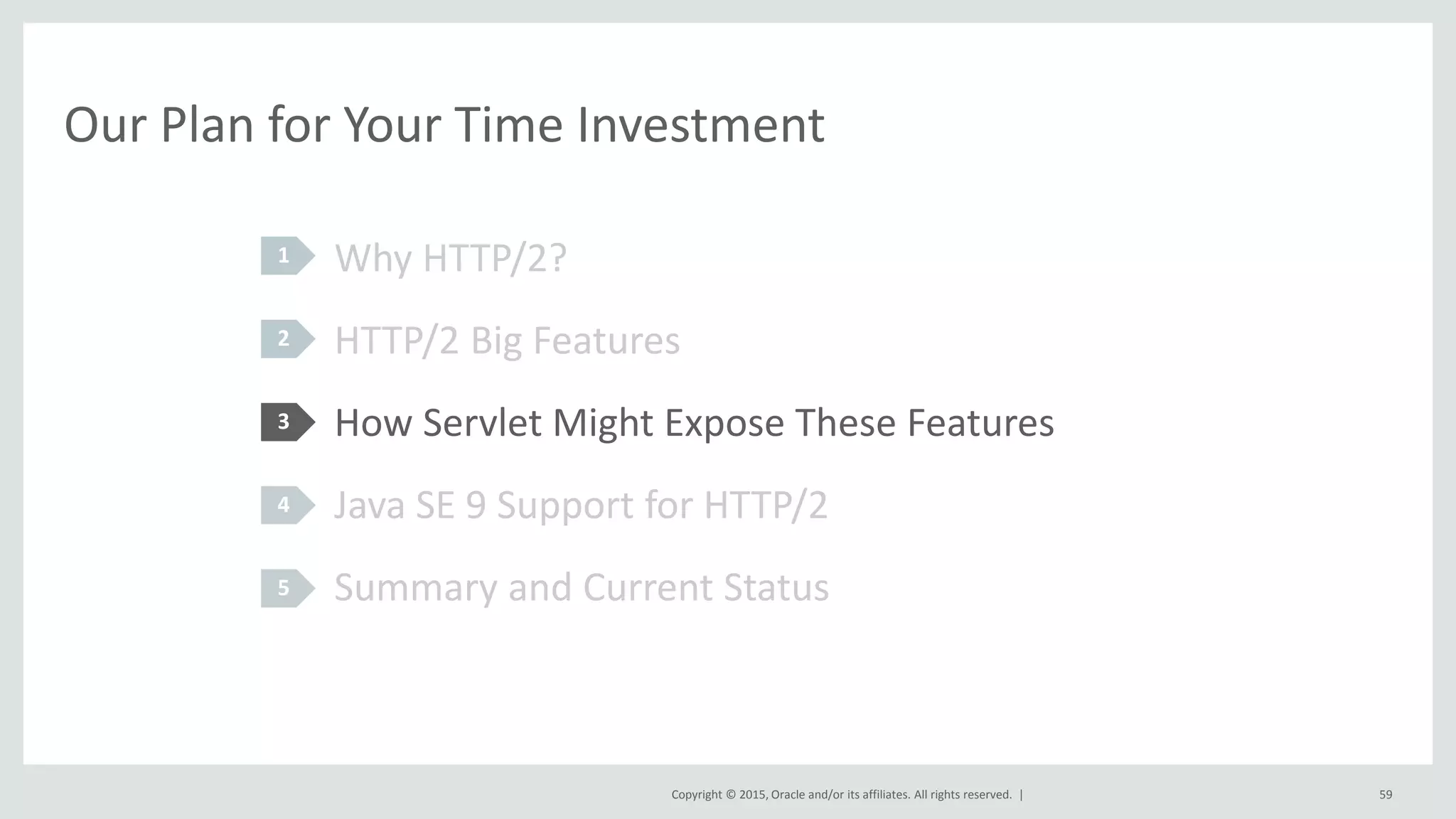 Copyright © 2015, Oracle and/or its affiliates. All rights reserved. |
Our Plan for Your Time Investment
Why HTTP/2?
HTTP/2 Big Features
How Servlet Might Expose These Features
Java SE 9 Support for HTTP/2
Summary and Current Status
1
2
3
4
5
59
 
