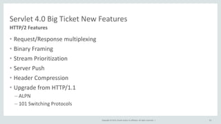 Copyright © 2015, Oracle and/or its affiliates. All rights reserved. |
• Request/Response multiplexing
• Binary Framing
• Stream Prioritization
• Server Push
• Header Compression
• Upgrade from HTTP/1.1
– ALPN
– 101 Switching Protocols
63
HTTP/2 Features
Servlet 4.0 Big Ticket New Features
 