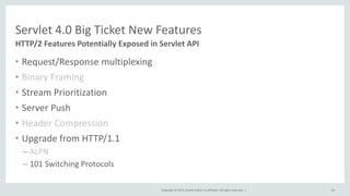 Copyright © 2015, Oracle and/or its affiliates. All rights reserved. |
• Request/Response multiplexing
• Binary Framing
• Stream Prioritization
• Server Push
• Header Compression
• Upgrade from HTTP/1.1
– ALPN
– 101 Switching Protocols
64
HTTP/2 Features Potentially Exposed in Servlet API
Servlet 4.0 Big Ticket New Features
 