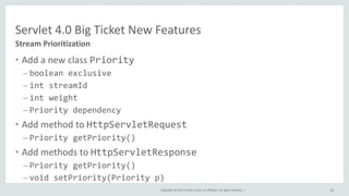 Copyright © 2015, Oracle and/or its affiliates. All rights reserved. |
• Add a new class Priority
– boolean exclusive
– int streamId
– int weight
– Priority dependency
• Add method to HttpServletRequest
– Priority getPriority()
• Add methods to HttpServletResponse
– Priority getPriority()
– void setPriority(Priority p)
66
Stream Prioritization
Servlet 4.0 Big Ticket New Features
 