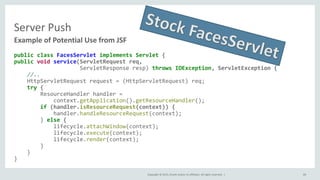 Copyright © 2015, Oracle and/or its affiliates. All rights reserved. |
Server Push
public class FacesServlet implements Servlet {
public void service(ServletRequest req,
ServletResponse resp) throws IOException, ServletException {
//..
HttpServletRequest request = (HttpServletRequest) req;
try {
ResourceHandler handler =
context.getApplication().getResourceHandler();
if (handler.isResourceRequest(context)) {
handler.handleResourceRequest(context);
} else {
lifecycle.attachWindow(context);
lifecycle.execute(context);
lifecycle.render(context);
}
}
}
Example of Potential Use from JSF
69
 