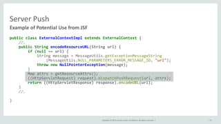 Copyright © 2015, Oracle and/or its affiliates. All rights reserved. |
Server Push
public class ExternalContextImpl extends ExternalContext {
//…
public String encodeResourceURL(String url) {
if (null == url) {
String message = MessageUtils.getExceptionMessageString
(MessageUtils.NULL_PARAMETERS_ERROR_MESSAGE_ID, "url");
throw new NullPointerException(message);
}
Map attrs = getResourceAttrs();
((HttpServletRequest) request).dispatchPushRequest(url, attrs);
return ((HttpServletResponse) response).encodeURL(url);
}
//…
}
Example of Potential Use from JSF
70
 