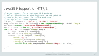Copyright © 2015, Oracle and/or its affiliates. All rights reserved. |
Java SE 9 Support for HTTP/2
// Async support, fully leverages SE 8 features
// Fetch three resources asynchronously. If all fetch ok
// send a further request to confirm work done
// Set up initial three requests
String[] filenames = {"foo.txt", "bar.txt", "blah.txt"};
CompletableFuture<File> futures[] = new CompletableFuture[filenames.length];
URI base = new URI("http://foo.com/resources")
URI finalResult = new URI("http://foo.com/confirm");
for (int i=0; i<filenames.length; i++) {
String filename = filenames[i];
URI uri = base.resolve(filename);
futures[i] = HttpRequest.create(uri)
.method("GET")
.sendAsync(HttpRequest.noBody())
.thenApply((HttpResponse resp) -> {
return resp.body(HttpResponse.asFile("/tmp/" + filename));
});
}
79
 