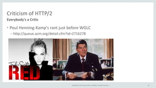 Copyright © 2015, Oracle and/or its affiliates. All rights reserved. |
Criticism of HTTP/2
• Poul Henning-Kamp's rant just before WGLC
– http://queue.acm.org/detail.cfm?id=2716278
Everybody's a Critic
50
 