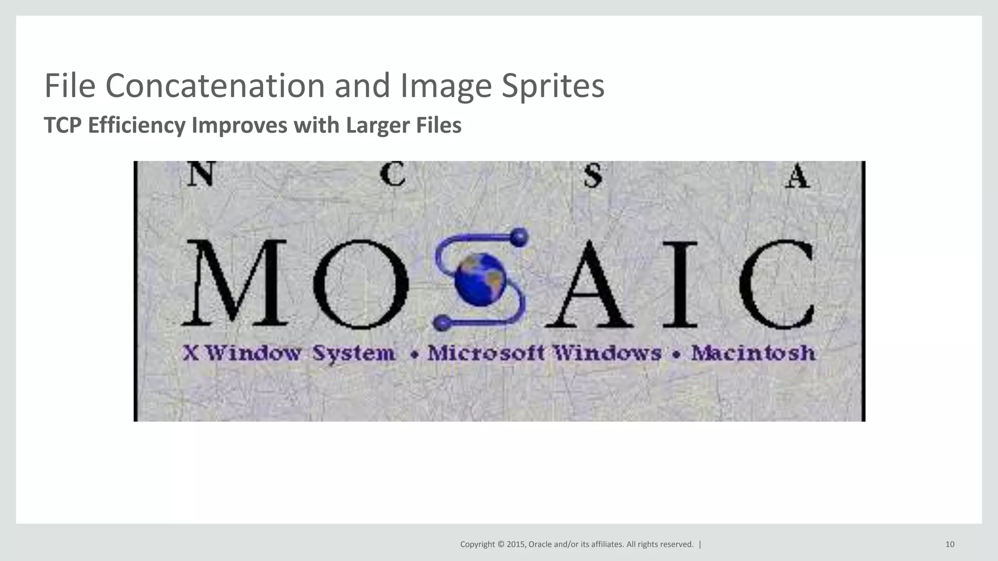 Copyright © 2015, Oracle and/or its affiliates. All rights reserved. |
File Concatenation and Image Sprites
TCP Efficiency Improves with Larger Files
10
 