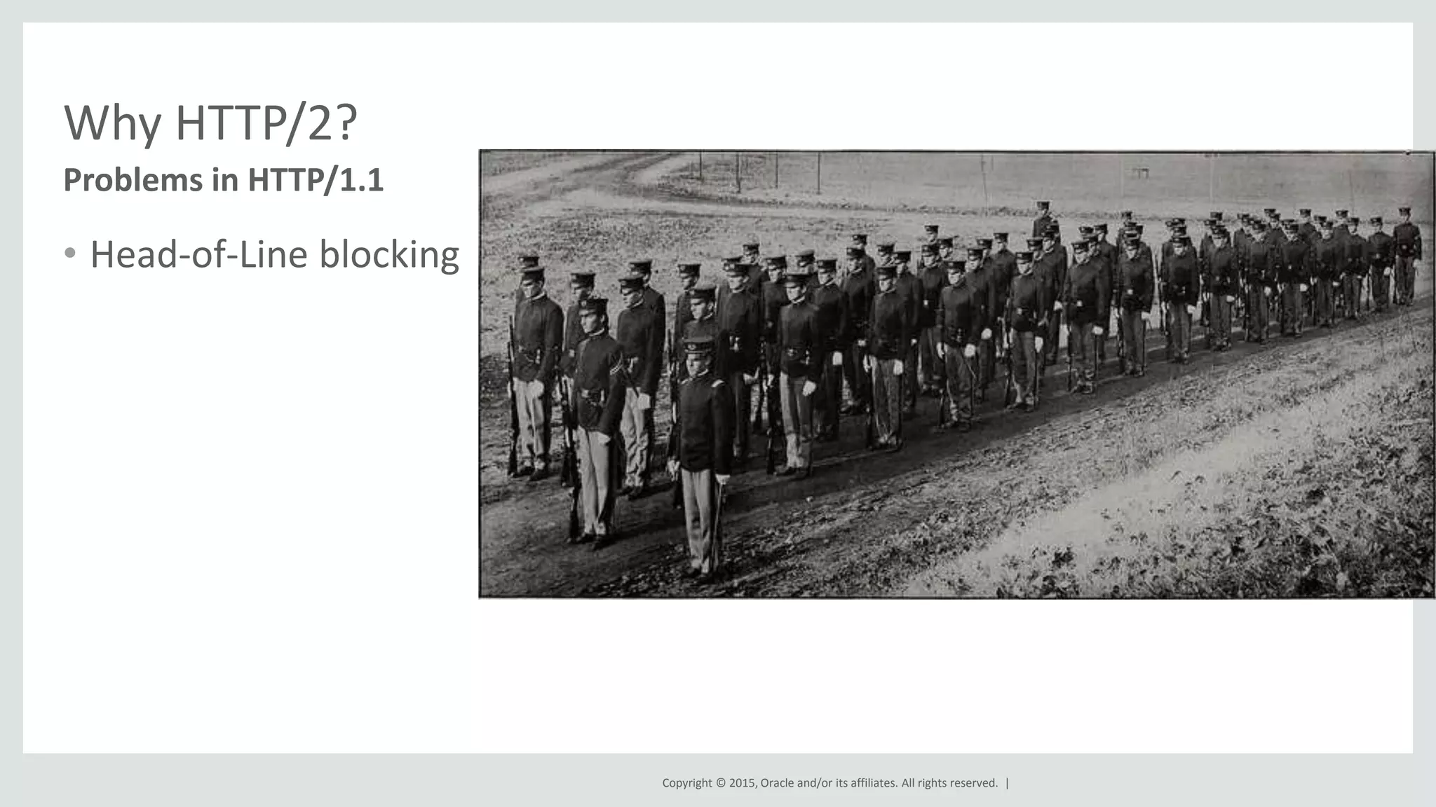 Copyright © 2015, Oracle and/or its affiliates. All rights reserved. |
Why HTTP/2?
• Head-of-Line blocking
Problems in HTTP/1.1
 