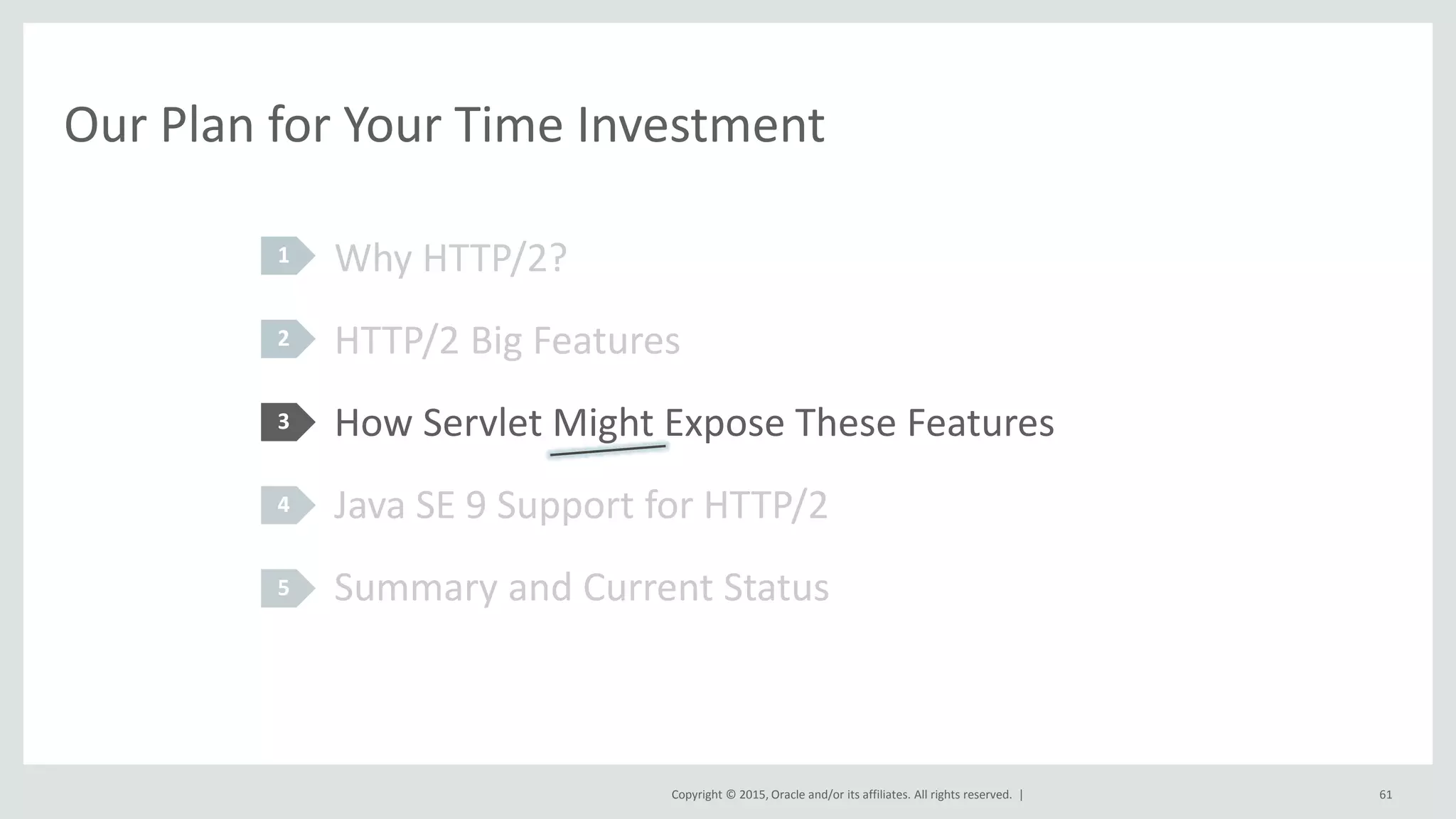Copyright © 2015, Oracle and/or its affiliates. All rights reserved. |
Our Plan for Your Time Investment
Why HTTP/2?
HTTP/2 Big Features
How Servlet Might Expose These Features
Java SE 9 Support for HTTP/2
Summary and Current Status
1
2
3
4
5
61
 