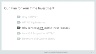 Copyright © 2015, Oracle and/or its affiliates. All rights reserved. |
Our Plan for Your Time Investment
Why HTTP/2?
HTTP/...