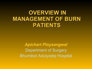 OVERVIEW IN MANAGEMENT OF BURN PATIENTS Apichart Ploysangwal Department of Surgery Bhumibol Adulyadej Hospital 