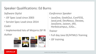 Copyright © 2015, Oracle and/or its affiliates. All rights reserved. |
Software Stylist
• JSF Spec Lead since 2003
• Servlet Spec Lead since 2014
Coder
• Implemented lots of Mojarra JSF RI
Author
Conference Speaker
• JavaOne, GeekOut, ConFESS,
JavaLand, DevNexus, Devoxx,
JavaZone, Jazoon, JAX,
Herbstcampus, JUGs…
Trainer
• Full day Java EE/HTML5 Training
• JSF training
Speaker Qualifications: Ed Burns
 