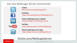 Copyright © 2015, Oracle and/or its affiliates. All rights reserved. |
Join the WebLogic Server Community
Twitter
https://twitter.com/WebLogicServer
Facebook
https://www.facebook.com/WebLogicServer
Oracle’s WebLogic Server LinkedIn
https://linkedin.com/WebLogic Server
YouTube
http://www.youtube.com/OracleWebLogic
Oracle’s WebLogic Server blog
https://blogs.oracle.com/WebLogicServer
Oracle.com/WebLogicServer
 