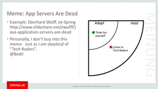 Copyright © 2015, Oracle and/or its affiliates. All rights reserved. |
• Example: Eberhard Wolff, ex-Spring
http://www.slideshare.net/ewolff/j
ava-application-servers-are-dead
• Personally, I don’t buy into this
meme. Just as I am skeptical of
“Tech Radars”.
@Bodil
Meme: App Servers Are Dead
MEINUNG
 