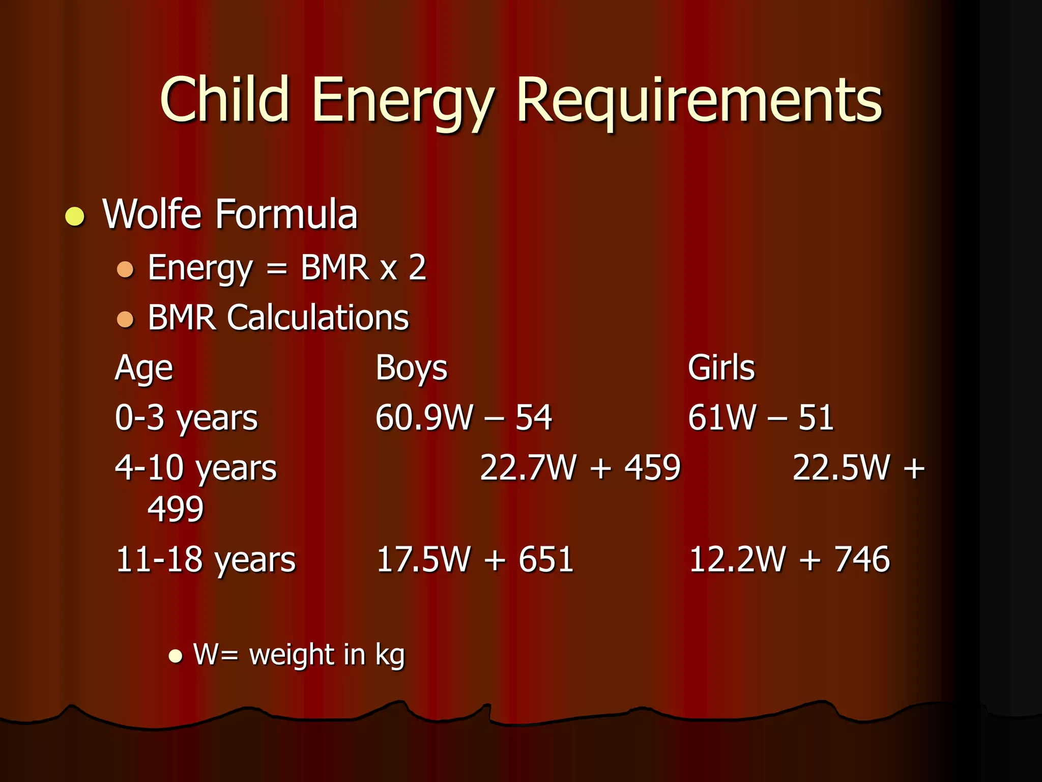 Child Energy Requirements
 Wolfe Formula
 Energy = BMR x 2
 BMR Calculations
Age Boys Girls
0-3 years 60.9W – 54 61W – 51
4-10 years 22.7W + 459 22.5W +
499
11-18 years 17.5W + 651 12.2W + 746
 W= weight in kg
 