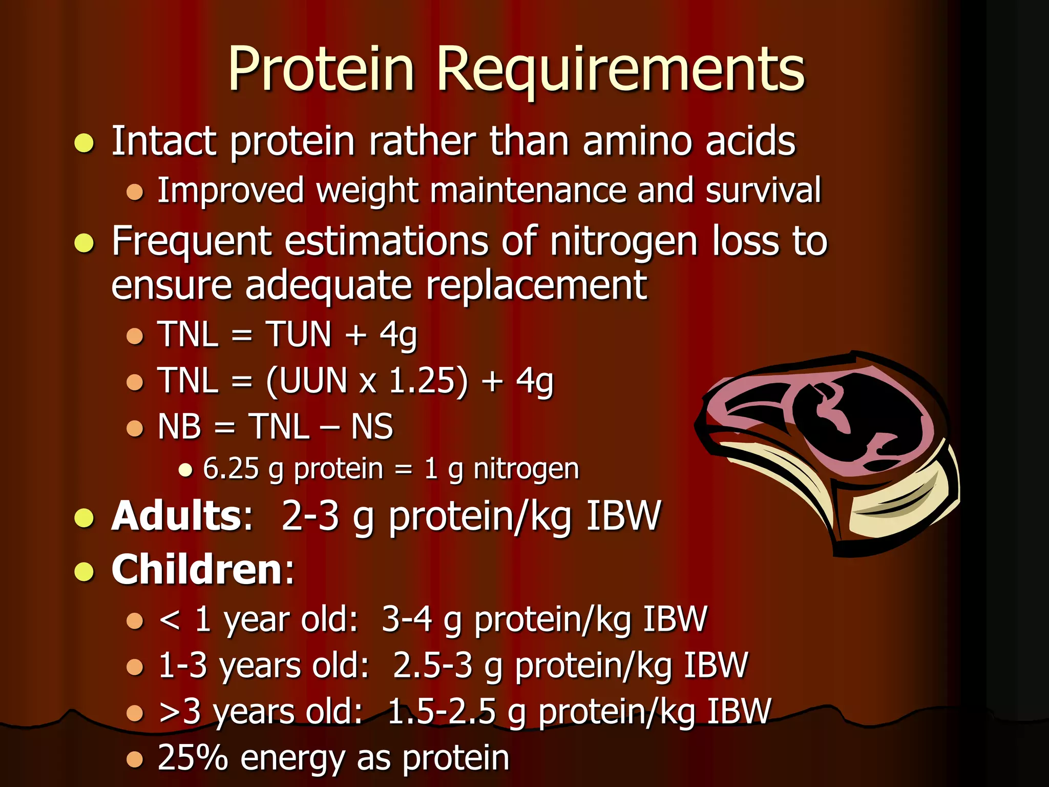 Protein Requirements
 Intact protein rather than amino acids
 Improved weight maintenance and survival
 Frequent estimations of nitrogen loss to
ensure adequate replacement
 TNL = TUN + 4g
 TNL = (UUN x 1.25) + 4g
 NB = TNL – NS
 6.25 g protein = 1 g nitrogen
 Adults: 2-3 g protein/kg IBW
 Children:
 < 1 year old: 3-4 g protein/kg IBW
 1-3 years old: 2.5-3 g protein/kg IBW
 >3 years old: 1.5-2.5 g protein/kg IBW
 25% energy as protein
 
