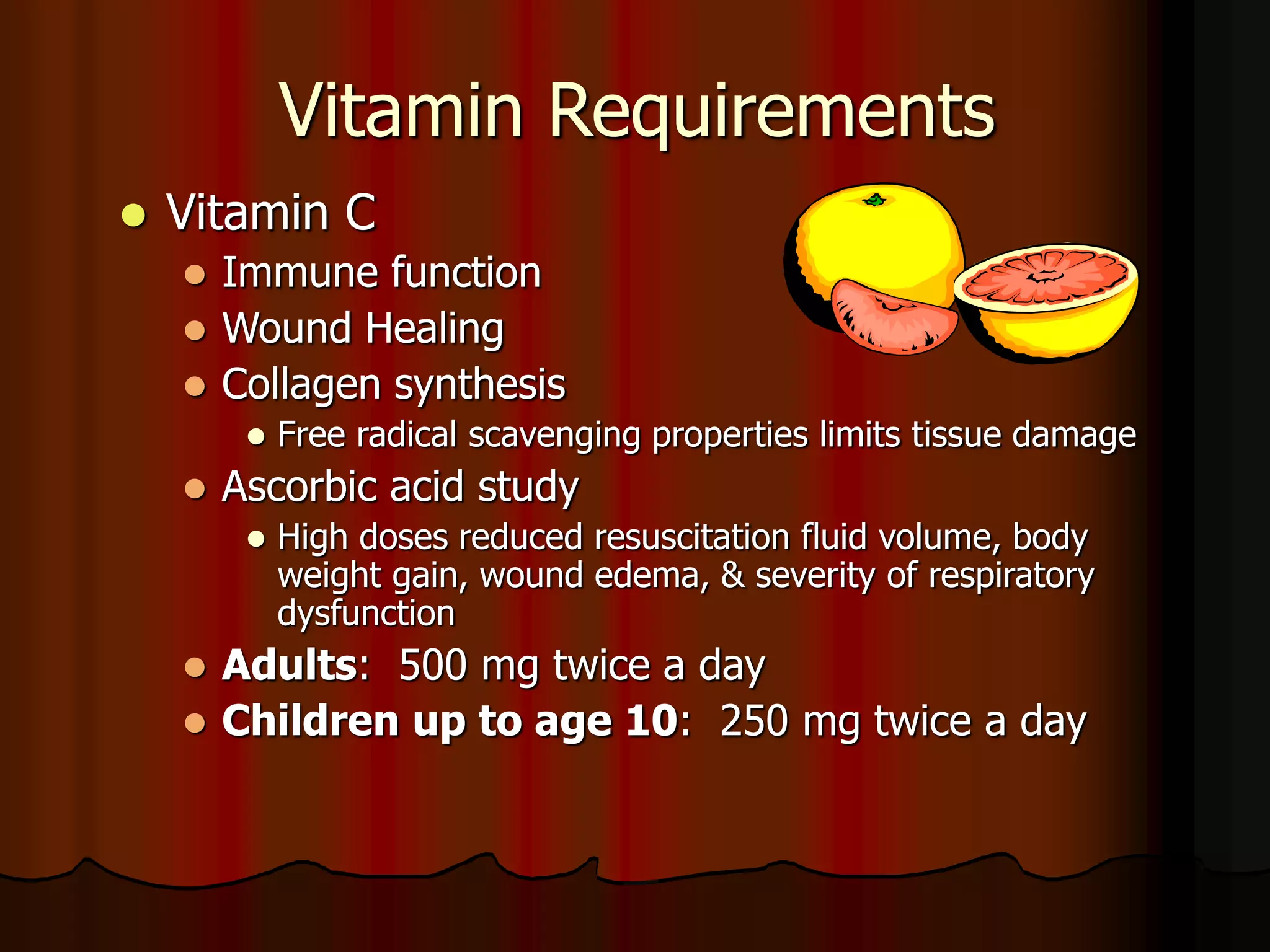 Vitamin Requirements
 Vitamin C
 Immune function
 Wound Healing
 Collagen synthesis
 Free radical scavenging properties limits tissue damage
 Ascorbic acid study
 High doses reduced resuscitation fluid volume, body
weight gain, wound edema, & severity of respiratory
dysfunction
 Adults: 500 mg twice a day
 Children up to age 10: 250 mg twice a day
 