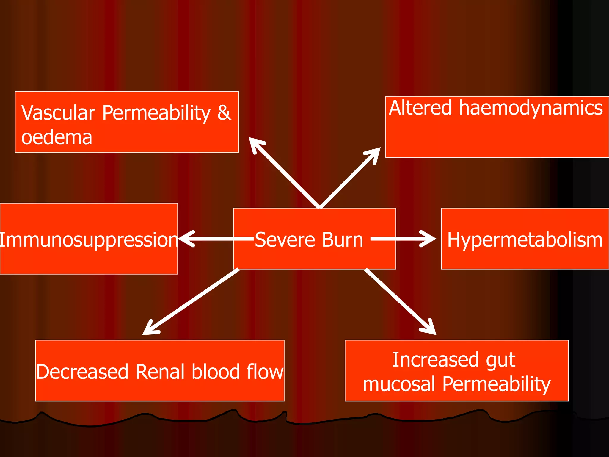 Increased gut
mucosal Permeability
Immunosuppression
Decreased Renal blood flow
Severe Burn
Vascular Permeability &
oedema
Altered haemodynamics
Hypermetabolism
 