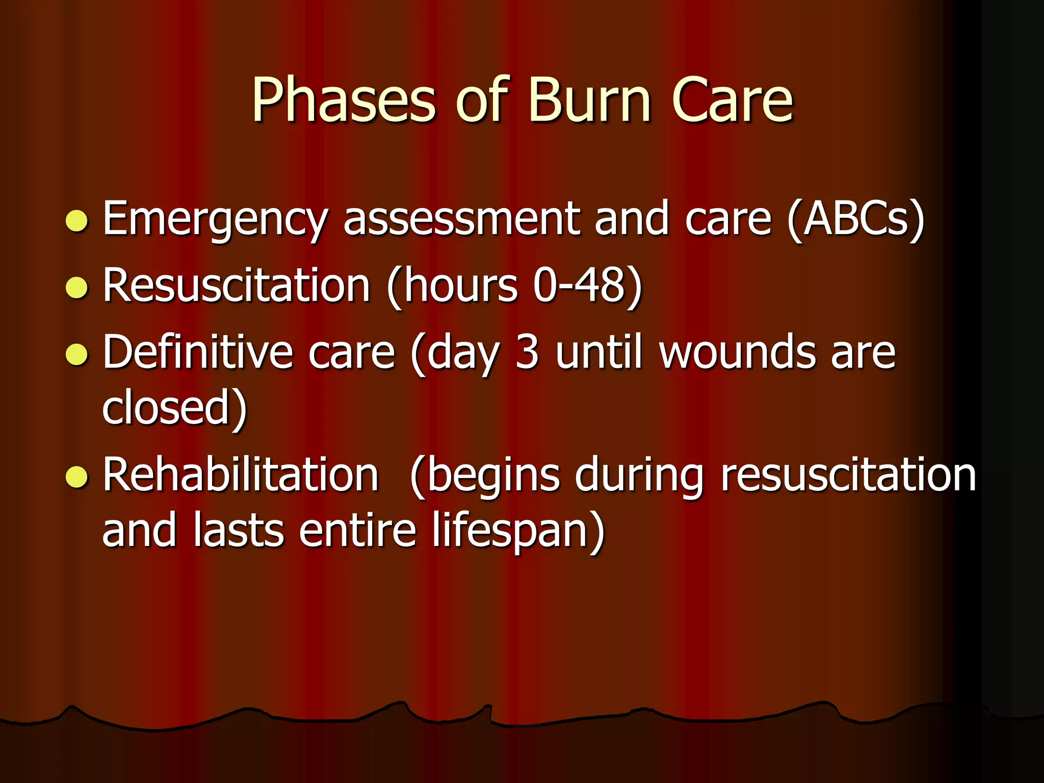 Phases of Burn Care
 Emergency assessment and care (ABCs)
 Resuscitation (hours 0-48)
 Definitive care (day 3 until wounds are
closed)
 Rehabilitation (begins during resuscitation
and lasts entire lifespan)
 