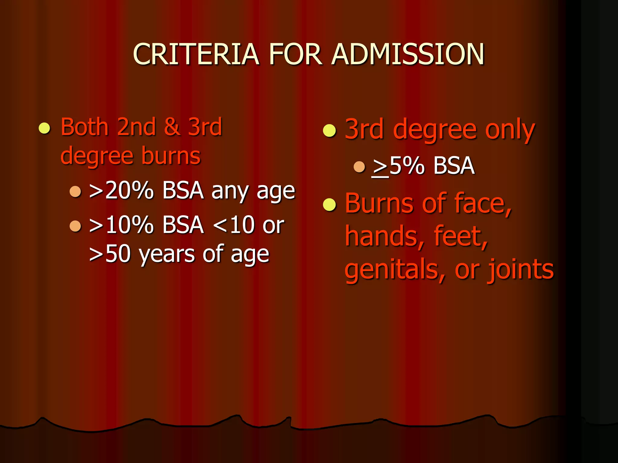 CRITERIA FOR ADMISSION
 Both 2nd & 3rd
degree burns
 >20% BSA any age
 >10% BSA <10 or
>50 years of age
 3rd degree only
 >5% BSA
 Burns of face,
hands, feet,
genitals, or joints
 