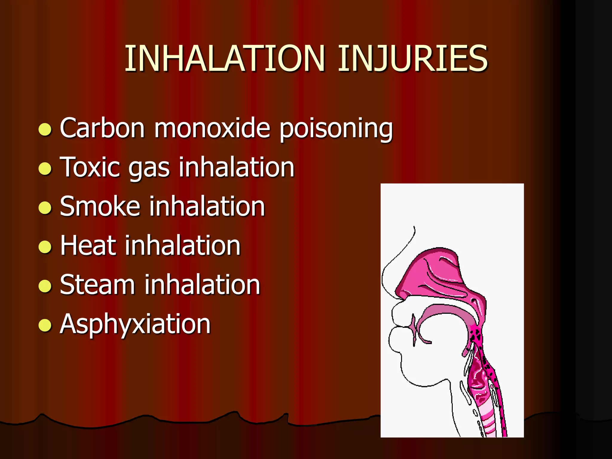 INHALATION INJURIES
 Carbon monoxide poisoning
 Toxic gas inhalation
 Smoke inhalation
 Heat inhalation
 Steam inhalation
 Asphyxiation
 