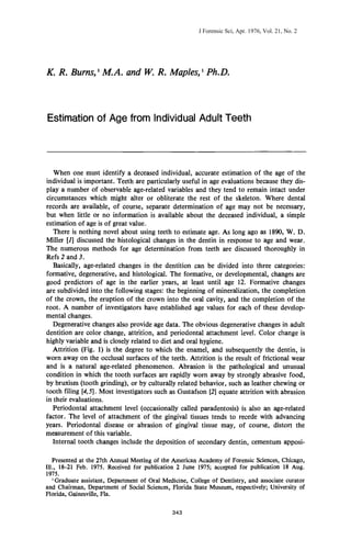 K. R. Burns, ~M.A. and 14I. R. Maples, ~Ph.D.
Estimation of Age from Individual Adult Teeth
When one must identify a deceased individual, accurate estimation of the age of the
individual is important. Teeth are particularly useful in age evaluations because they dis-
play a number of observable age-related variables and they tend to remain intact under
circumstances which might alter or obliterate the rest of the skeleton. Where dental
records are available, of course, separate determination of age may not be necessary,
but when little or no information is available about the deceased individual, a simple
estimation of age is of great value.
There is nothing novel about using teeth to estimate age. As long ago as 1890, W. D.
Miller [1] discussed the histological changes in the dentin in response to age and wear.
The numerous methods for age determination from teeth are discussed thoroughly in
Refs 2 and 3.
Basically, age-related changes in the dentition can be divided into three categories:
formative, degenerative, and histological. The formative, or developmental, changes are
good predictors of age in the earlier years, at least until age 12. Formative changes
are subdivided into the following stages: the beginning of mineralization, the completion
of the crown, the eruption of the crown into the oral cavity, and the completion of the
root. A number of investigators have established age values for each of these develop-
mental changes.
Degenerative changes also provide age data. The obvious degenerative changes in adult
dentition are color change, attrition, and periodontal attachment level. Color change is
highly variable and is closely related to diet and oral hygiene.
Attrition (Fig. 1) is the degree to which the enamel, and subsequently the dentin, is
worn away on the occlusal surfaces of the teeth. Attrition is the result of frictional wear
and is a natural age-related phenomenon. Abrasion is the pathological and unusual
condition in which the tooth surfaces are rapidly worn away by strongly abrasive food,
by bruxism (tooth grinding), or by culturally related behavior, such as leather chewing or
tooth filing [4,5]. Most investigators such as Gustafson [2] equate attrition with abrasion
in their evaluations.
Periodontal attachment level (occasionally called paradentosis) is also an age-related
factor. The level of attachment of the gingival tissues tends to recede with advancing
years. Periodontal disease or abrasion of gingival tissue may, of course, distort the
measurement of this variable.
Internal tooth changes include the deposition of secondary dentin, cementum apposi-
Presented at the 27th Annual Meeting of the American Academy of Forensic Sciences, Chicago,
Ill., 18-21 Feb. 1975. Received for publication 2 June 1975; accepted for publication 18 Aug.
1975.
'Graduate assistant, Department of Oral Medicine, College of Dentistry, and associate curator
and Chairman, Department of Social Sciences, Florida State Museum, respectively; University of
Florida, Gainesville, Fla.
343
J Forensic Sci, Apr. 1976, Vol. 21, No. 2
 