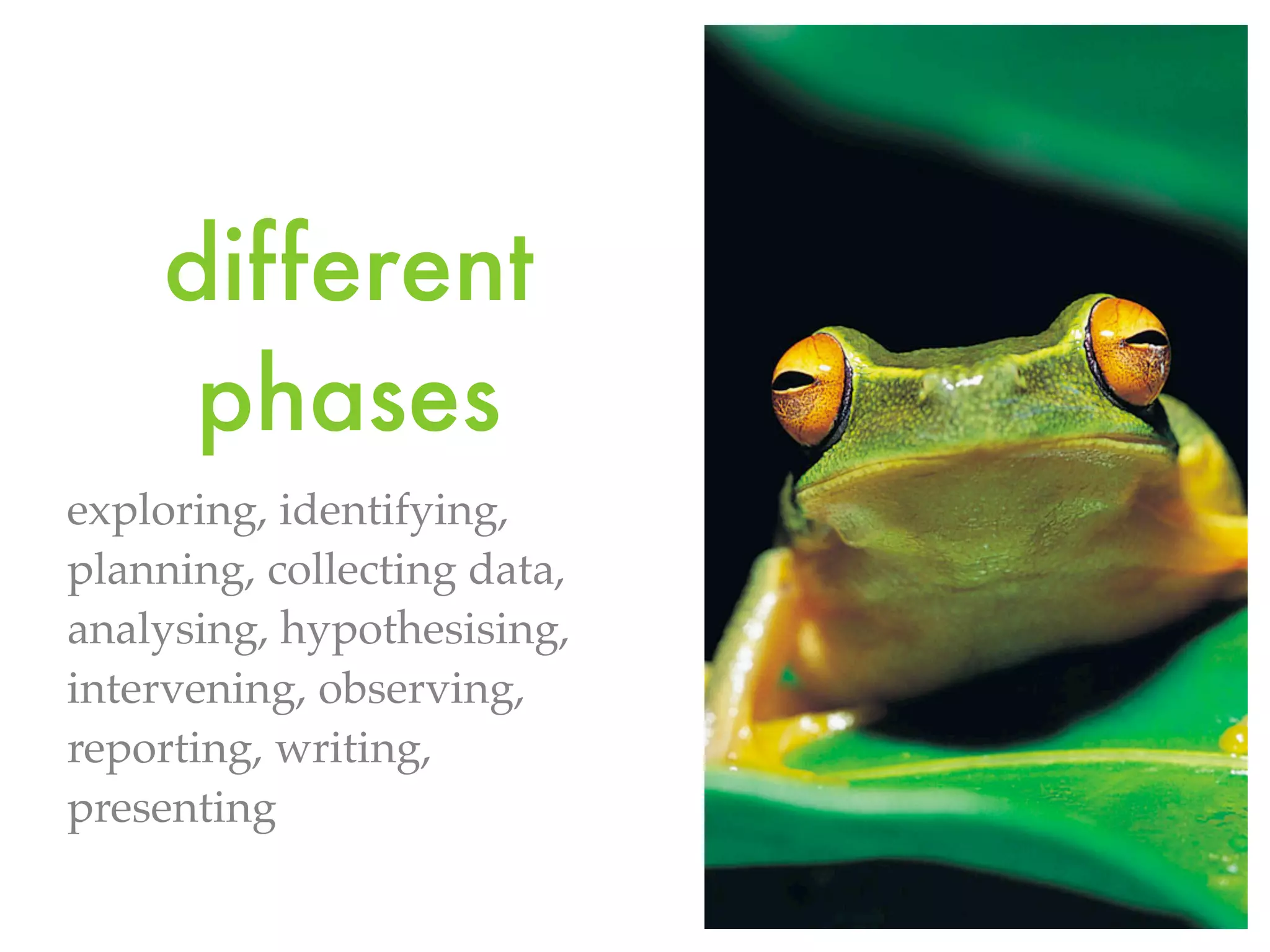 different
phases
exploring, identifying,
planning, collecting data,
analysing, hypothesising,
intervening, observing,
reporting, writing,
presenting