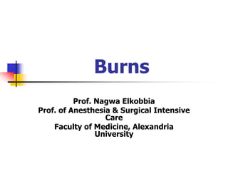 Burns
Prof. Nagwa Elkobbia
Prof. of Anesthesia & Surgical Intensive
Care
Faculty of Medicine, Alexandria
University
 