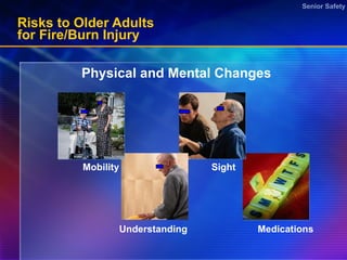 Risks to Older Adults  for Fire/Burn Injury Physical and Mental Changes Medications Sight Understanding Mobility 