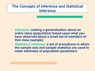 The Concepts of Inference and Statistical
              Inference




• Inference: making a generalization about an
  entire class (population) based upon what you
  have observed about a small set of members of
  that class (sample)
• Statistical inference: a set of procedures in which
  the sample size and sample statistics are used to
  make estimates of population parameters
 